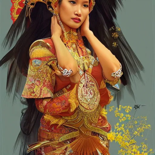 Image similar to portrait of an indonesian supermodels wearing traditional costume, highly detailed, digital painting, artstation, concept art, sharp focus, illustration, art by kittichai rueangchaichan and james gurney and alphonse mucha