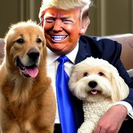 Prompt: donald trump smiling with a dog on his lap