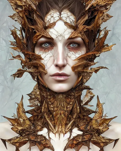 Image similar to Beautiful and frightening high elf queen wearing high fashion made of wood and leaves from Alexander McQueen and Iris Van Herpen, hyperrealistic masterpiece painted by Jaime Jones, Jana Schirmer, Artgerm and Alphonse Mucha