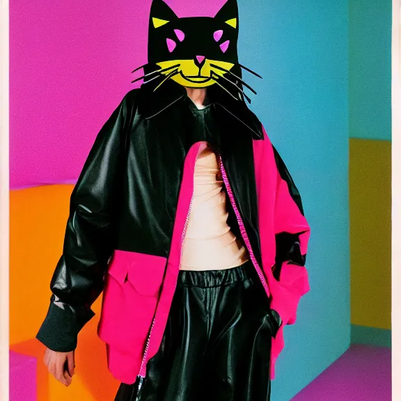 Prompt: model in plastic cat mask wearing baggy colorful 9 0 s jacket by rick owens. magazine ad. pastel brutalist background.