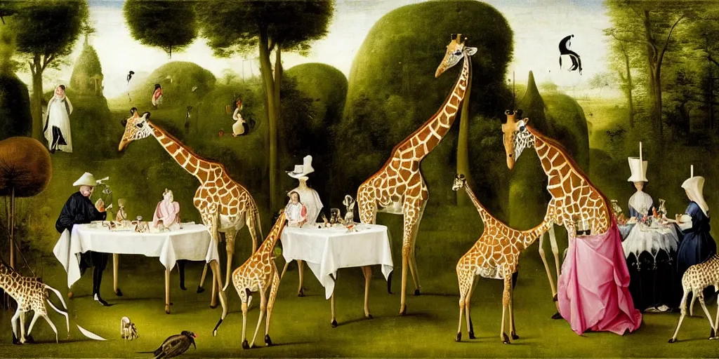 Image similar to elegant victorian tea party with giraffes in a topiary english garden, hyper realistic hieronymus bosch - h 7 6 8