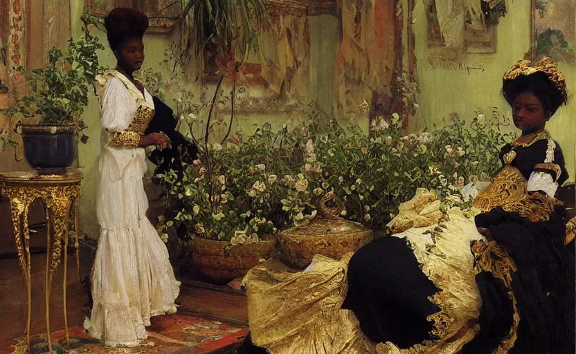 Prompt: high quality high detail painting by ilya repin, black woman in a white room with many plants, intricate costume design, orientalist, partially gold, ornate, elite, luxury, hd