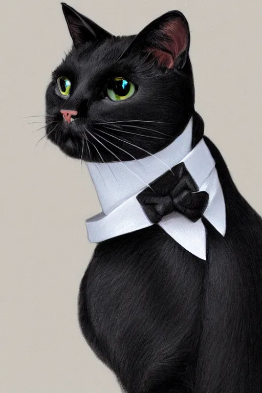 Image similar to a black cat wearing a tuxedo, portait, photo, profile, picture, hyperrealistic, concept art, digital art