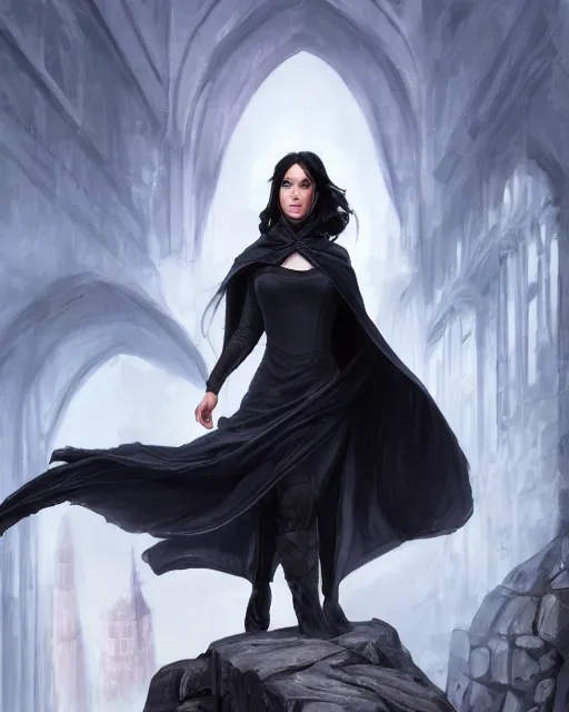 Prompt: close up portrait of lady vin from mistborn ascending, waving the cape with long strips of fabric, wearing black tight clothing, medieval town landscape, detailed face, 4 k hd, digital painting, trending on artstation by ted nasmith