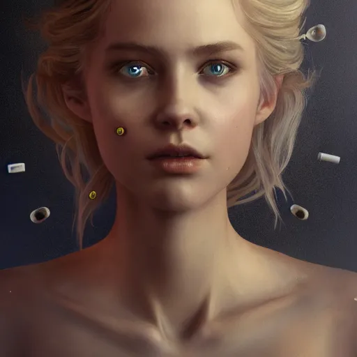 Image similar to epic cinematic shot of beautiful scandinavian princess with symmetrical face stunning eyes and long blonde surrounded by bullets and bulletholes, weta disney pixar, hi - fructose, decadent highly - detailed digital painting, golden ratio, octane render, artstation, cinematic composition, smooth, sharp focus, artgerm, mucha, loish, wlop hdr