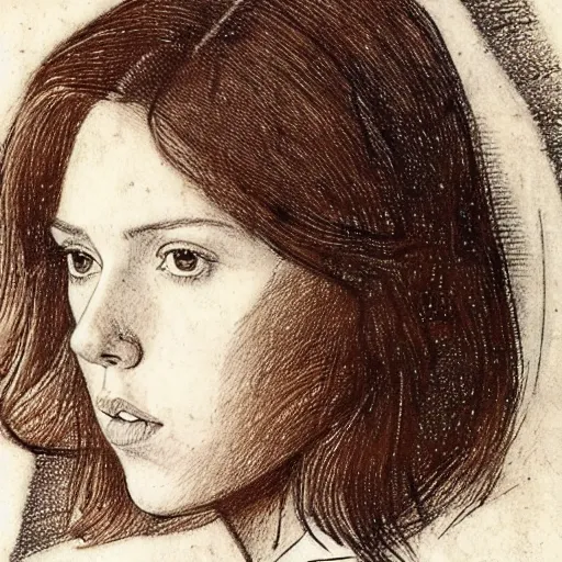 Image similar to a finished, detailed portrait drawing with reddish brown ink on parchment of a very young scarlett johansson, by leonardo davinci in davinci's style from one of his notebooks