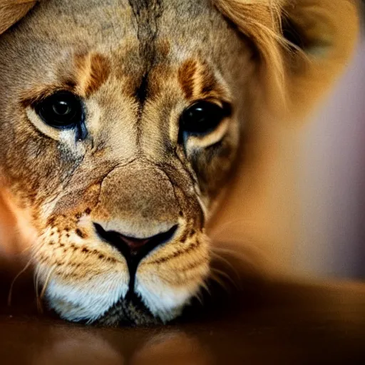 Image similar to a tiny lion peeking his head out of a coffee mug, close up shot.