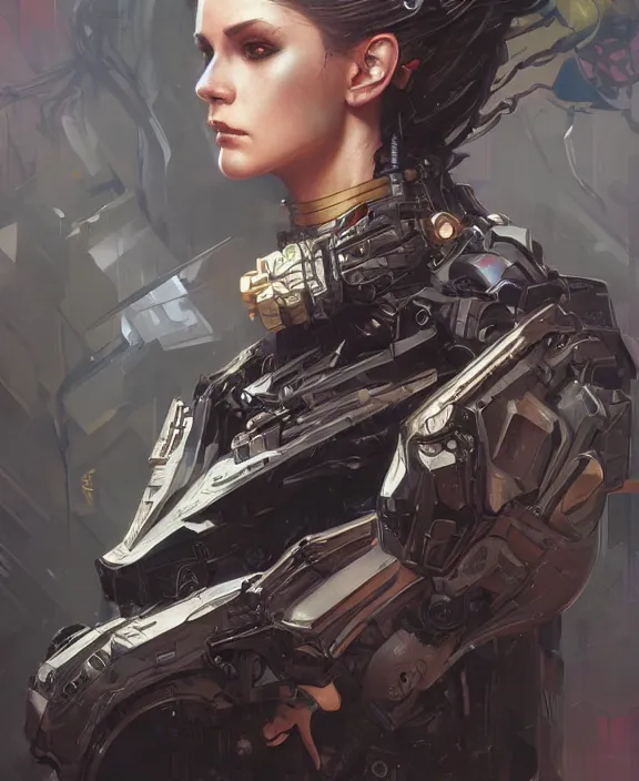 Image similar to portrait of a cyberpunk cyborg, half body, fantasy, intricate, elegant, highly detailed, digital painting, artstation, concept art, art by artgerm and greg rutkowski and alphonse mucha