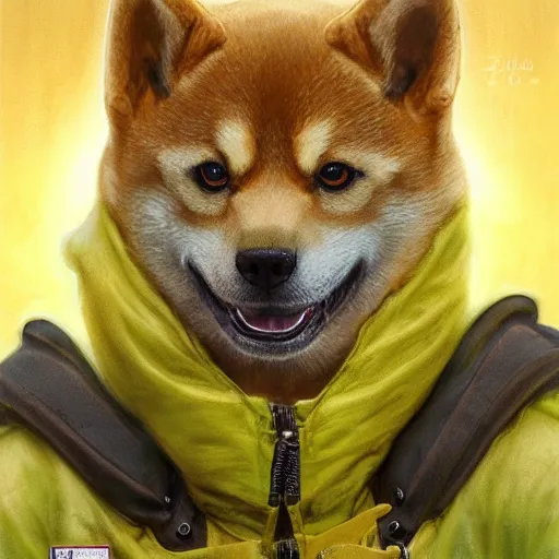 Image similar to realistic anthropomorphic shiba inu, in hazmat suit armor, fantasy science fiction, glowing electric aura, by donato giancola and greg rutkowski and wayne barlow and zdzisław beksinski, realistic face, visible face, digital art, artstation, symmetry