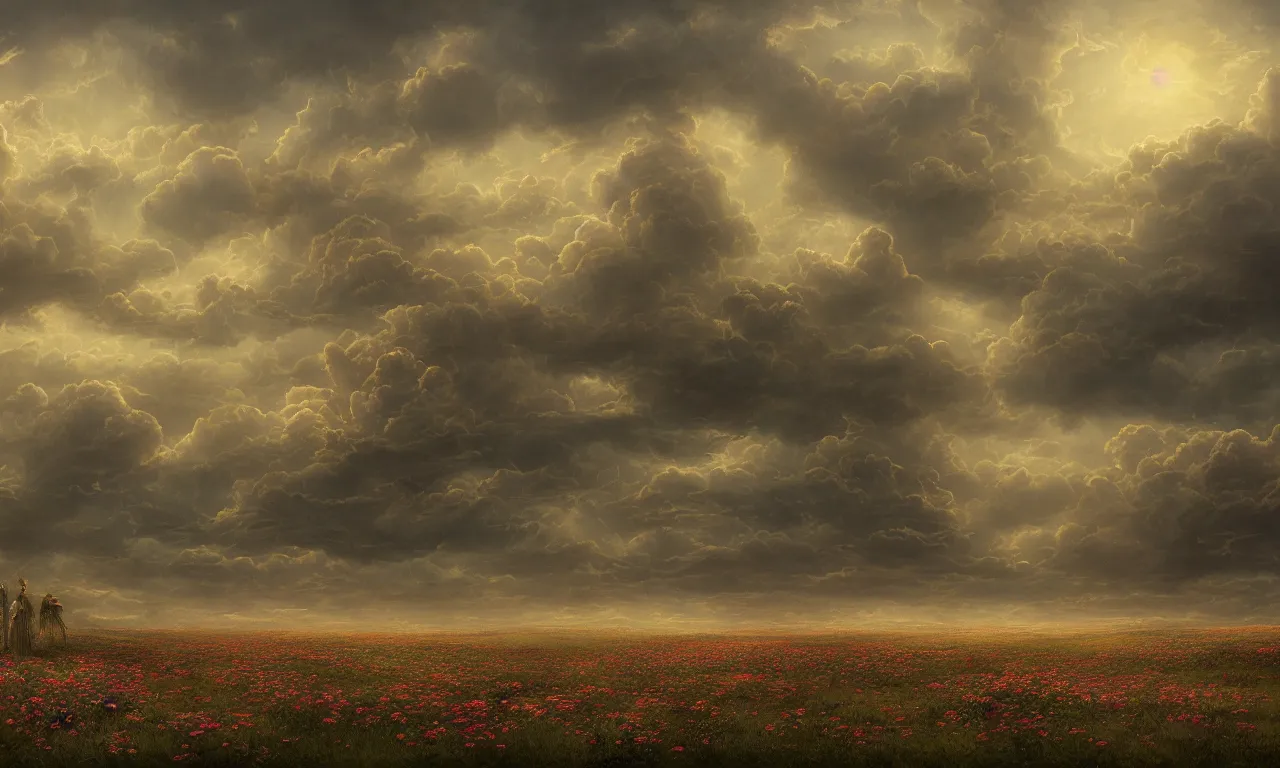 Image similar to breathtaking digital painting of a plains landscape in luxurious nature, with intricate art nouveau moody dark tumultuous clouds, at dawn with roses and golden petals flying, concept art, matte, by johannes voss and seb mckinnon,