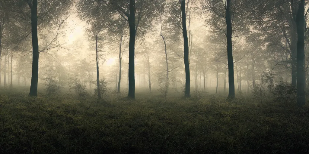 Prompt: forest, beautiful, dawn, foggy area, photorealistic, panoramic shot, 4 k