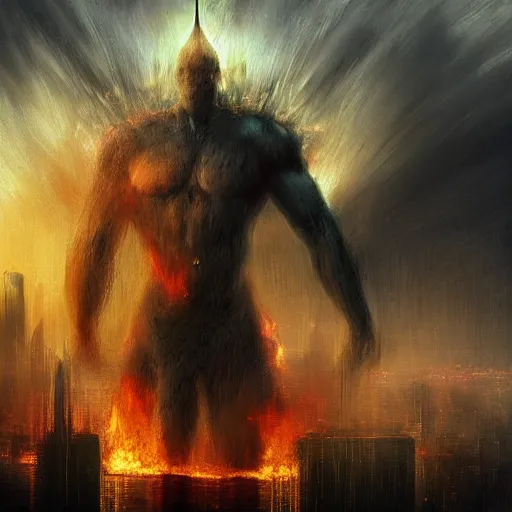 Image similar to a one hundred foot tall muscular warrior towering over a city engulfed in flames, artstation hall of fame gallery, editors choice, #1 digital painting of all time, most beautiful image ever created, emotionally evocative, greatest art ever made, lifetime achievement magnum opus masterpiece, the most amazing breathtaking image with the deepest message ever painted, a thing of beauty beyond imagination or words, 4k, highly detailed, cinematic lighting