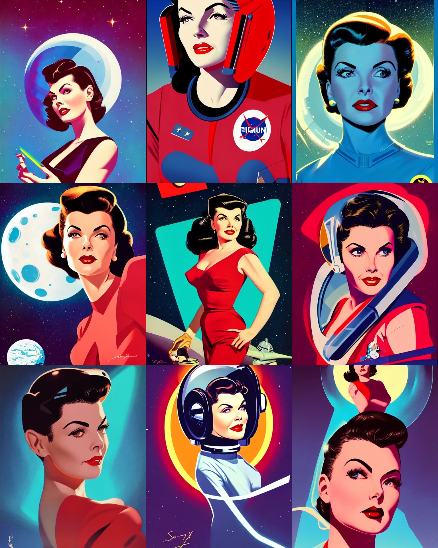 Prompt: sherilyn fenn 2 6 years old astronaut. forbidden planet 1 9 5 6, retro futurism 1 9 5 0 s, half portrait by stanley artgerm, dramatic lighting, ilya kuvshinov, trending on artstation, flat colour, geometric curves, gradient filter, pleasing tone colours, art deco patterns