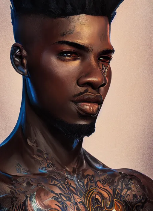 Image similar to a highly detailed illustration of attractive young african guy with flat top hair, with flaming tattoos, dramatic standing pose, intricate, elegant, highly detailed, centered, digital painting, artstation, concept art, smooth, sharp focus, league of legends concept art, wlop