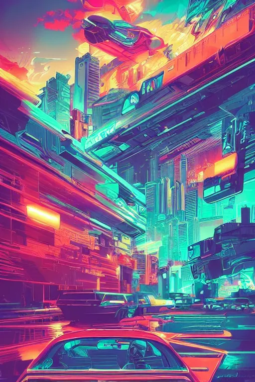 Image similar to thunders in the sky in a future cybernetic city, outrun style and colours, trending on arstation, by dan mumford, by ross tran