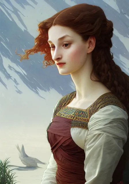 Image similar to sansa long nose, intricate, elegant, highly detailed, digital painting, artstation, concept art, smooth, sharp focus, illustration, art by artgerm and greg rutkowski and alphonse mucha and william - adolphe bouguereau