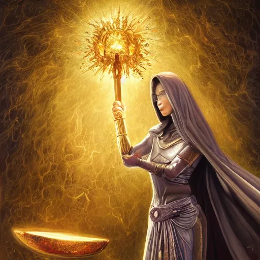 Image similar to angry beautiful Goddess of life with a veil, dark Goddess of artificial intelligence creating an artificial neural network with gold synapses on an anvil with her hammer, high resolution, award winning art, trending on art station, sharp image, incredibly detailed, detailed character, realistic painting, hyper-realistic painting, coherent painting, ethereal halls of valhalla in the background