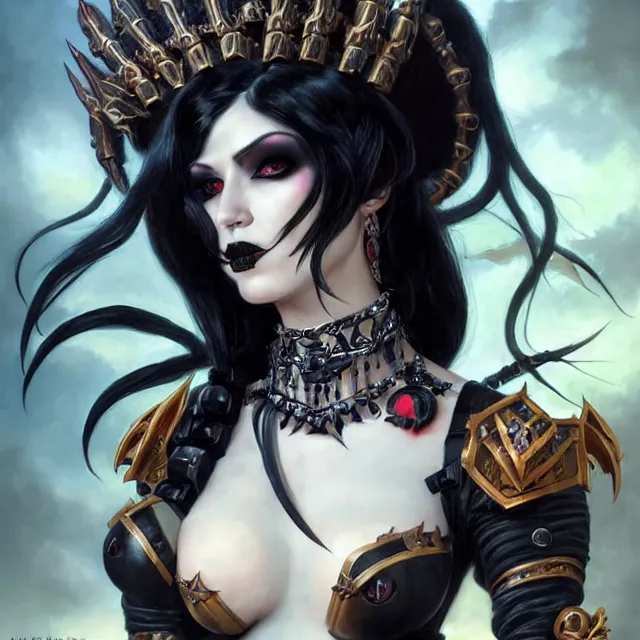 Image similar to portrait of beautiful goth girl cosplay with black hair in warhammer armor, black makeup, string bikini, few tattoos, art by stanley lau and artgem and wlop and magali villeneuve and karol bak and francois boucher and gennady ulybin and valery budanov and gustave boulangerie