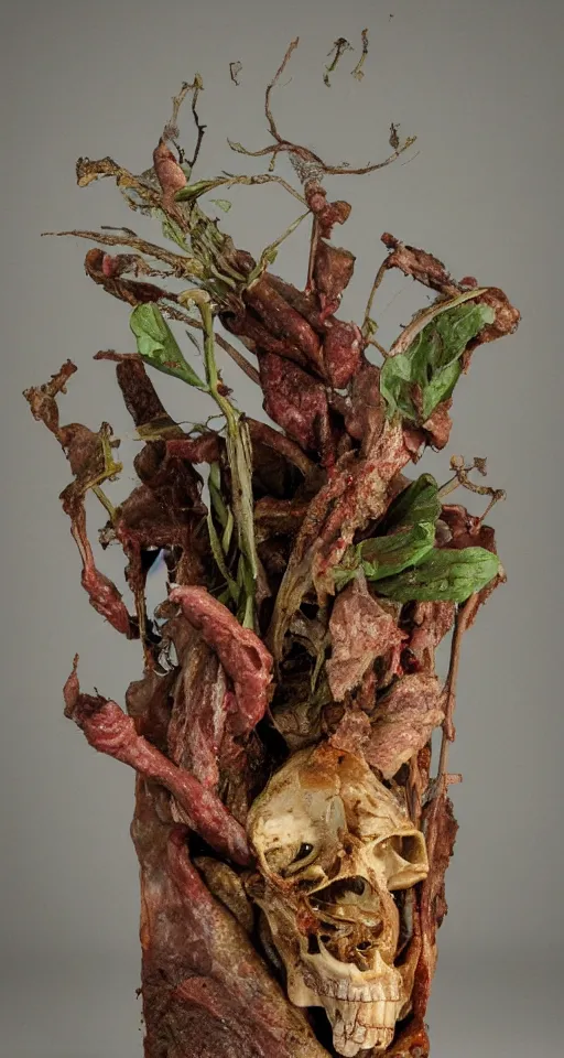 Image similar to Human flesh, bones, rotten meat and rusted metal arranged inside a flower vase