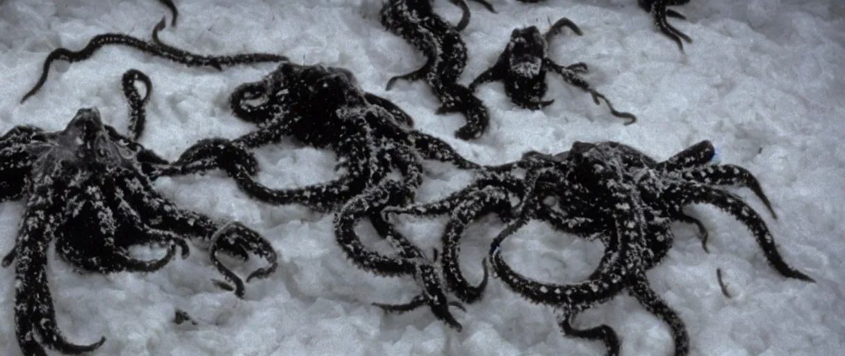 Prompt: filmic extreme close up shot movie still 4 k uhd exterior shot 3 5 mm film color photograph of a terrifying group of ten people attacking each other with tentacles and blood running in terror around mcmurdo station in antartica at night with the northern lights lighting up the sky, in the style of the horror film the thing 1 9 8 2