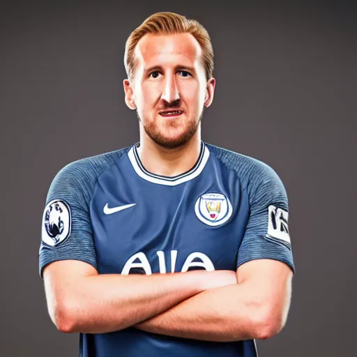 Image similar to a photograph of Harry Kane wearing a Manchester City jersey, black background, studio lighting