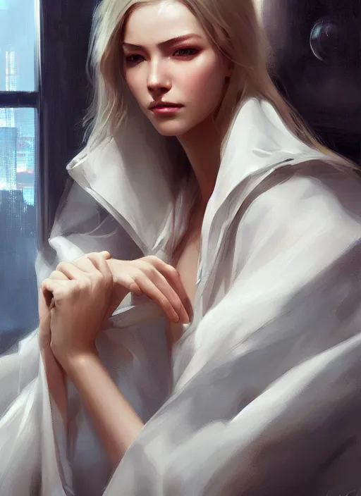 Prompt: a girl sits in a futuristic skyscraper, beautiful model portrait, white shirt, cyberpunk, gorgeous realistic face, by charlie bowater, by wlop, by jeremy lipking, digital expressive oil painting, photorealism