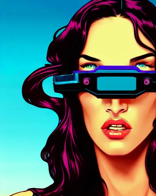 Image similar to closeup beautiful retro future megan fox wearing augmented reality goggles, glamour pose, jetsons, windblown dark hair, seductive, hyper detailed, digital art, studio lighting, smooth, ambient volumetric lighting, sharp focus, dan mumford, alphonse mucha, patrick nagle, 1 9 8 6, gta v, synthwave