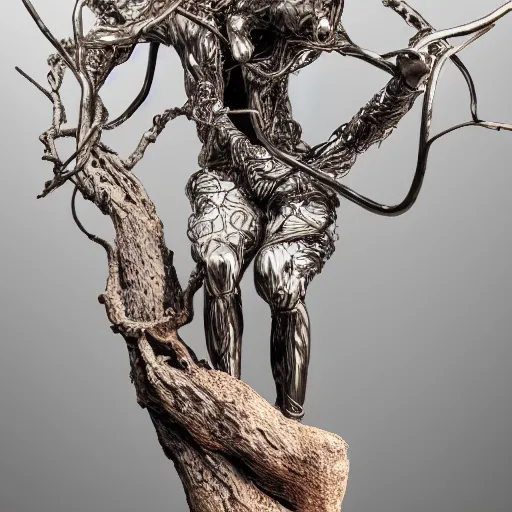 Image similar to a human man statue stuck in a cosmic tree, a sense of awe, amazement, monogon, plasma display, wooden, silver, mercury, damascus, armature wire, multiscopy, morph, in a symbolic and meaningful style, insanely detailed and intricate, hypermaximalist, elegant, ornate, hyper realistic, super detailed,