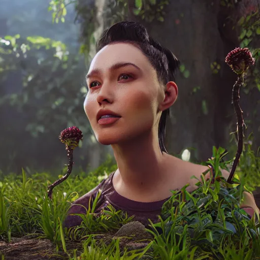 Image similar to Photorealistic person made out of slime and poo rising from the ground, summer, lush flora all around, DAZ, cgsociety, octane render