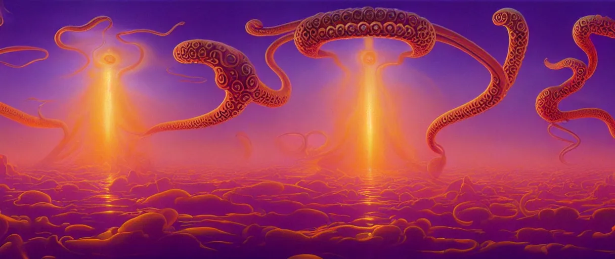 Image similar to surreal ornate sky city of atlantis on giant orange and purple cyborg tentacles coming out of puffy clouds matte painting concept art alex grey kay sage sorayama cinematic soft red lighting high angle hd 8k sharp shallow depth of field