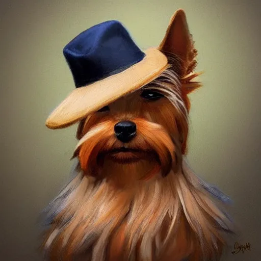 Image similar to The cutest yorkshire terrier wearing a fedora hat, concept art by Justin Gerard, trending on artstation