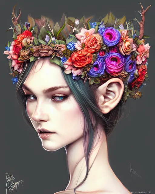 Image similar to digital art, centered head of elven bride with short hair, vivid flower crown ,body made with intricate roots, by James Jean and by artgerm, by ross tran , ultradetailed, charachter design, concept art, trending on artstation,