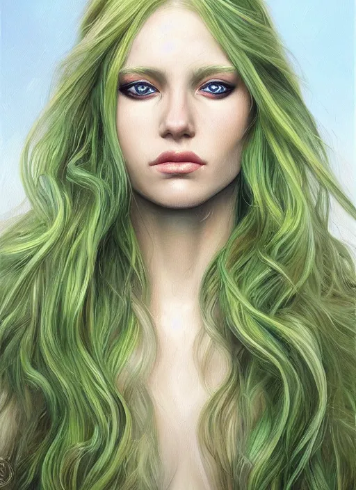 Image similar to a painting of a woman with long blonde hair and green eyes, a photorealistic painting by magali villeneuve, featured on cgsociety, fantasy art, detailed painting, photorealistic