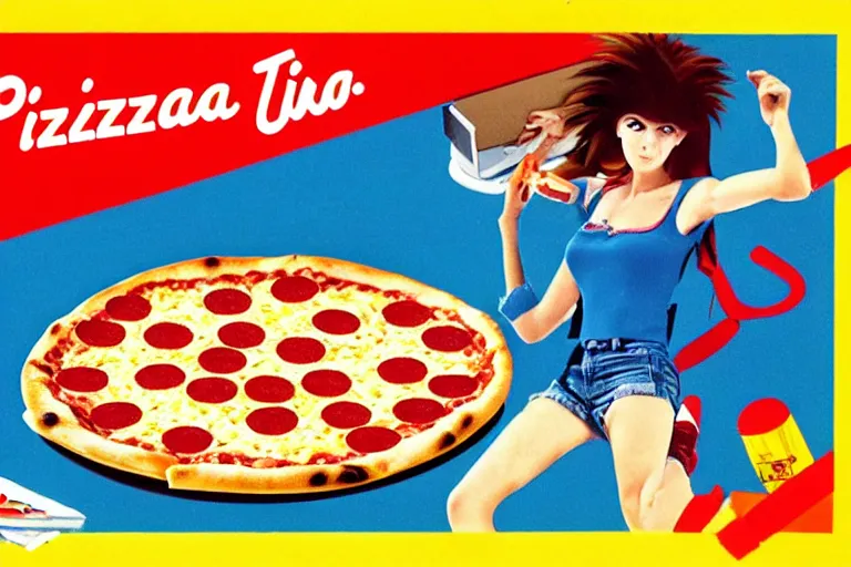 Image similar to pizza, 80s, advertisement, anime, explosion, explosion, explosion