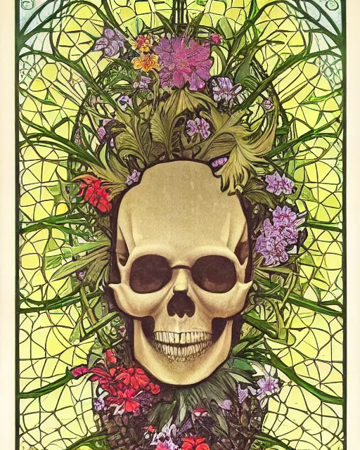 Prompt: a poster of a Carved ancient skull with pineapple leaves growing out of the top art surrounded by varities of flowers, cell shading, voronoi, fibonacci sequence, sacred geometry by Alphonse Mucha, Moebius, hiroshi yoshida, Art Nouveau, colorful, ultradetailed, vivid colour, 3d