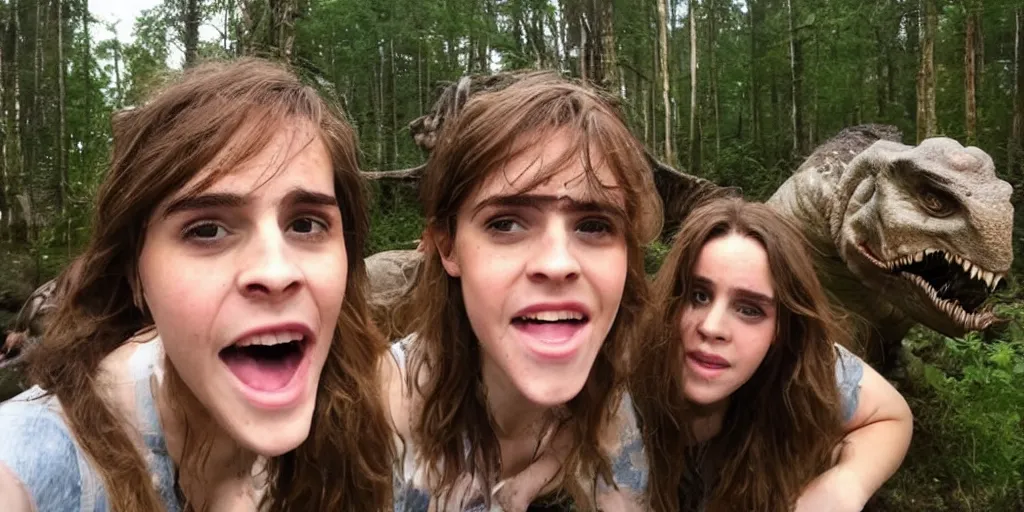 Prompt: photo, three hairy fat cave people, emma!! watson!!, looking at camera, surrounded by dinosaurs!, gigantic forest trees, sitting on rocks, bright moon, birthday cake on the ground, front close - up view of her face, selfie