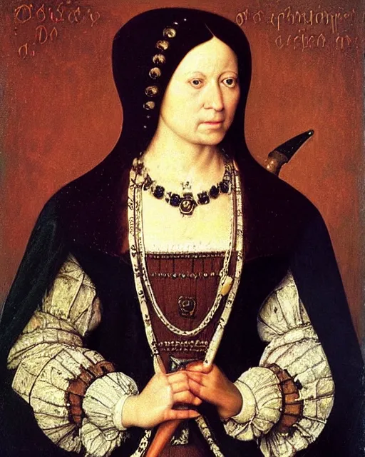 Prompt: “ a portrait of a tudor noblewoman holding a dagger by andrey shishkin, oil and tempera on oak ”