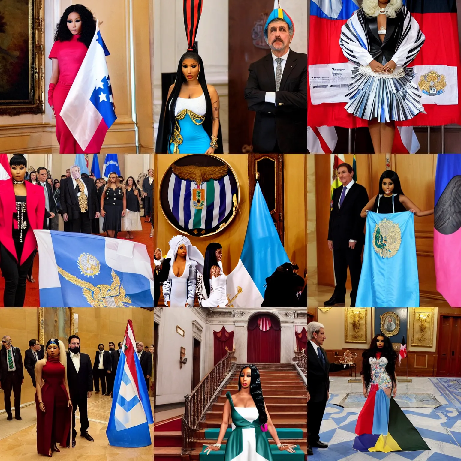 Prompt: Nicki Minaj dressed as president of Argentina, standing beside a Argentine Flag inside the Argentine Congress, detailed picture