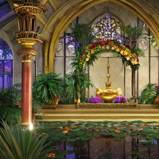 Image similar to cathedral interior with koi pond in the middle surrounded by palm trees, ivy, flowers, tropical plants, neon glow, gold lining, glossy gold statue, roses, and with archways. style leonardo + year 1 8 2 5, two men, rendered in octane render with photorealistic lighting