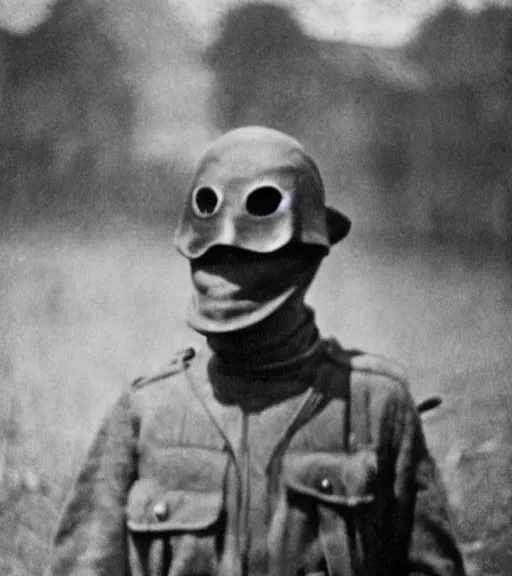 Prompt: a soldier wearing a scarecrow mask in distance, ww1 film photo, grainy, high detail, high resolution