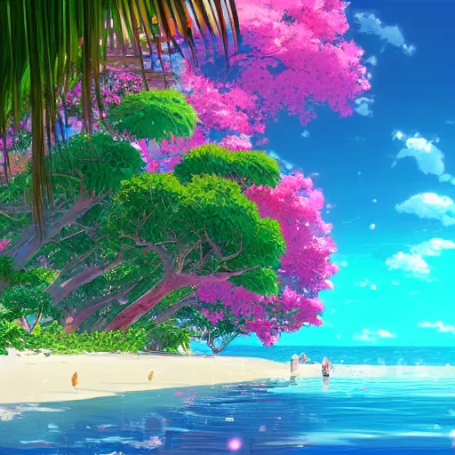 Prompt: a beautiful render of a dreamy tropical anime island paradise by makoto shinkai, pink accents, soft details, graphic art