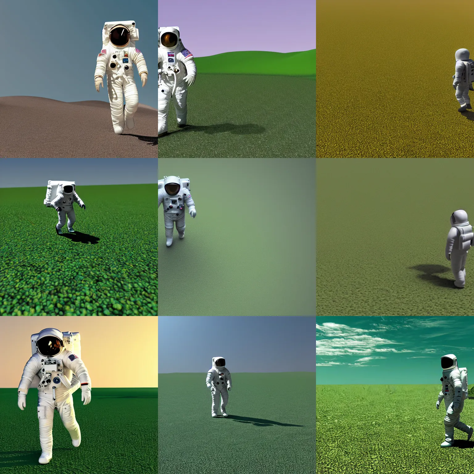 Prompt: A 3D render of an astronaut walking in a green desert