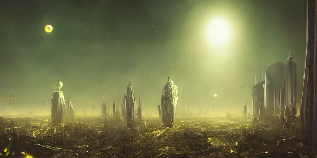 Prompt: a major city of alien buildings, asymmetrical spires, skyscrapers and domes. science fiction. night. one green moon, one yellow moon. cybernetic. cinematic lighting, canvas, digital painting, artstation, by Vsevolod Ivanov, Albert Bierstadt