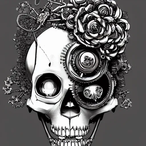 Prompt: surreal manga anime portrait girl skull of complex bio - mechanical beautiful young female skeletal cyborg with a mandelbrot fractal steampunk metal skull face, disney, retrofuturistic depressing, floral foliage, rococo, steampunk, 8 k