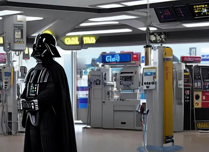 Prompt: film still of Darth Vader works at a gas station in the new Star Wars movie, 4k