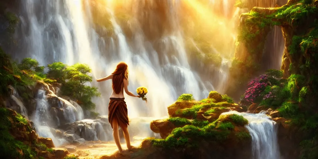 Prompt: a girl offers a bouquet of flowers to the ancient god of salt, gold and myrrh in a natural landscape with a huge waterfall behind. fantasy art, photo realistic, dynamic lighting, artstation, poster, volumetric lighting, very detailed faces, 4 k, award winning, blender