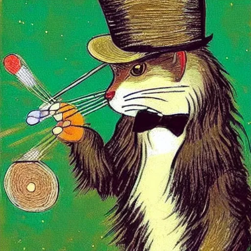 Prompt: a glorious norwegian forrest cat playing darts against a beaver wearing a top hat. in the style of van gogh