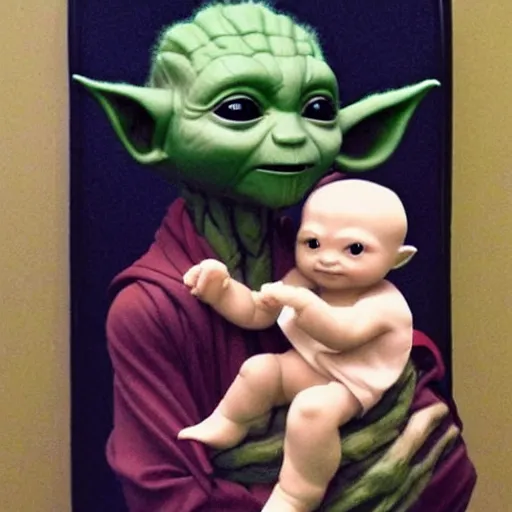 Prompt: baby groot sitting baby yoda in the style of william adolphe bouguereau
