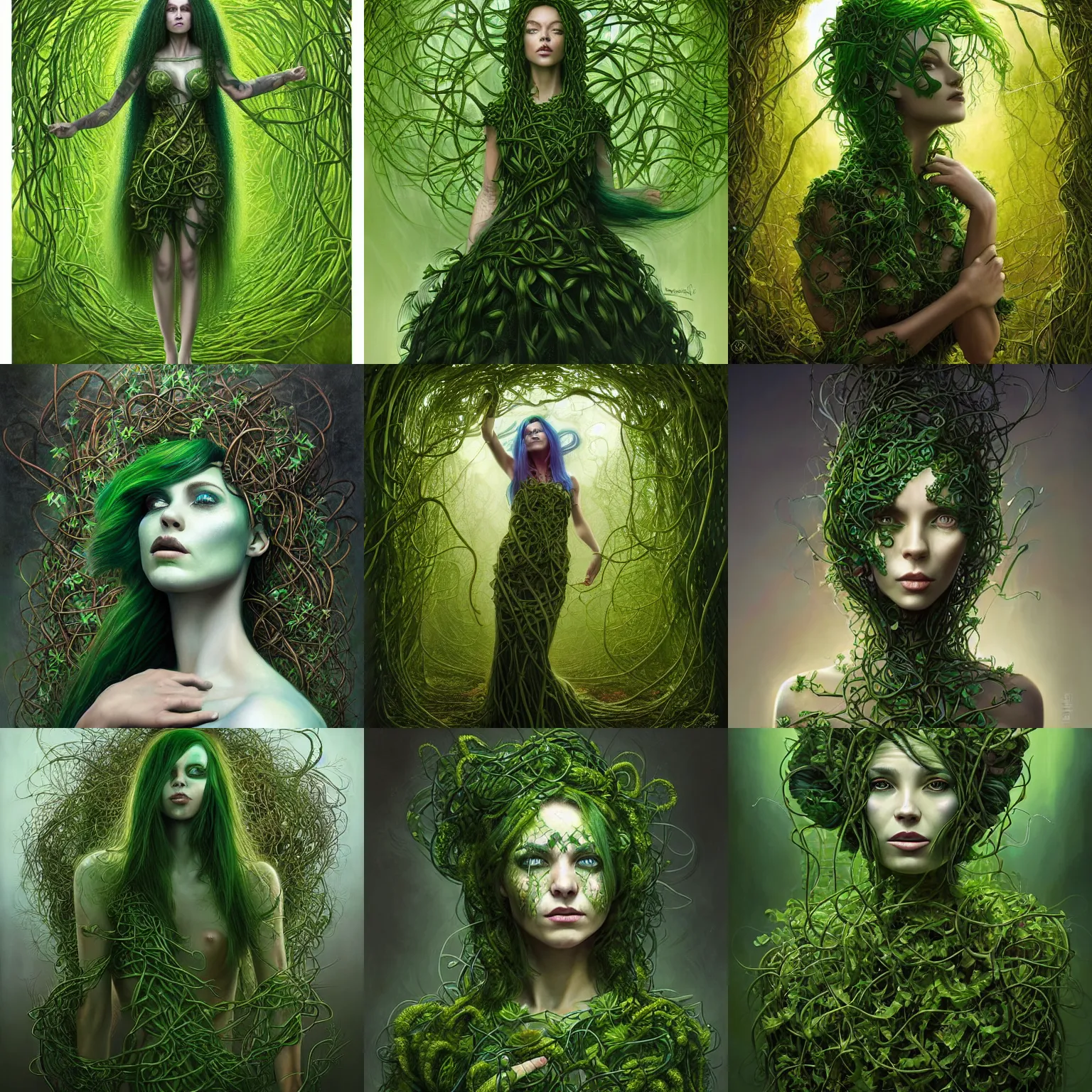 Prompt: a girl with green hair, wearing a dress made of vines, Full-bofy plan, ultra detailed, by Tomasz Alen Kopera and Peter Mohrbacher