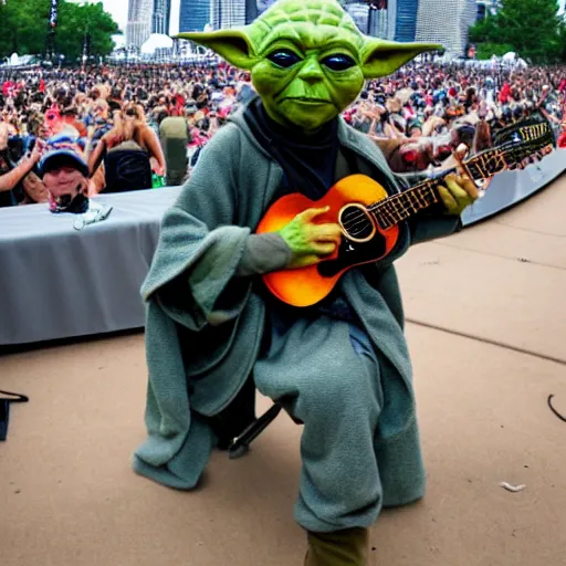 Prompt: Yoda playing guitar at Lollapalooza